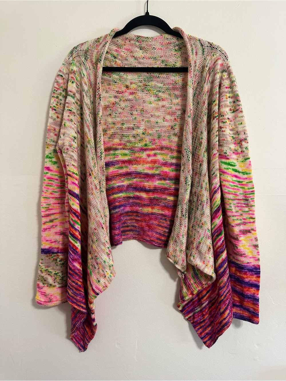 Hand Knit Multicolor Speckled Stripe Draped Cardigan Sweater One of a Kind